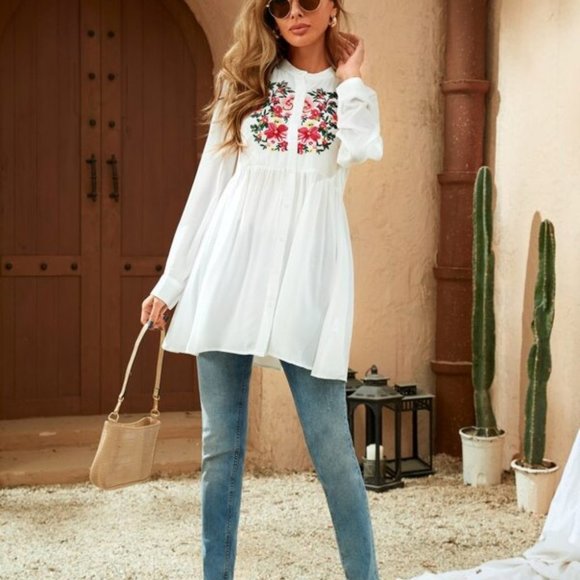 BOHO Flower Embroidery Peplum Blouse - Picture 8 of 8